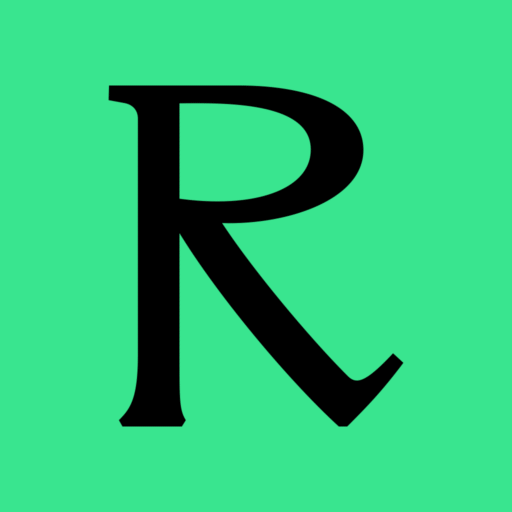 A custom serif R on a green background, representing Reuben J Brown